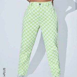 Lime Green Plus High Waisted Checkered Mom Fit Jeans